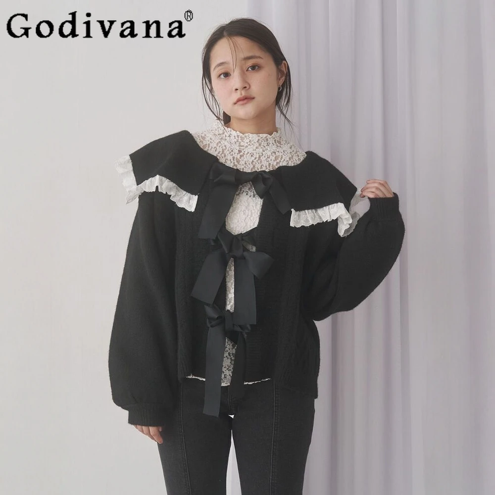 

Japanese Style Sweet Navy Collar Knitted Cardigan Jacket Spring Autumn New Women's Loose Slimming Bow Lace-up Knitted Coat 2025