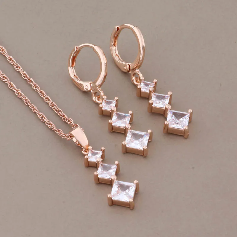 New Fashion 2023 Square Natural Zircon Drop Earrings Set Of Jewelry For Women 585 Rose Gold Color Wedding Gift