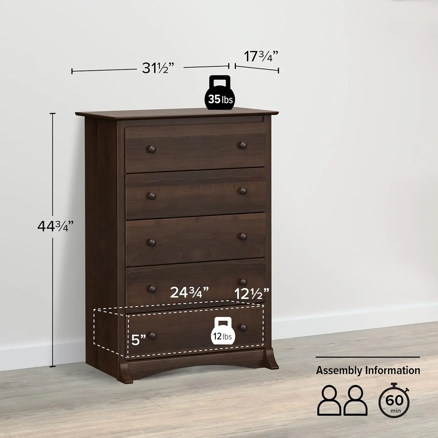 5-Drawer Chest for Bedroom - Spacious and Stylish Chest of Drawers, Measuring 17.75"D x 31.5"W x 44.75"H