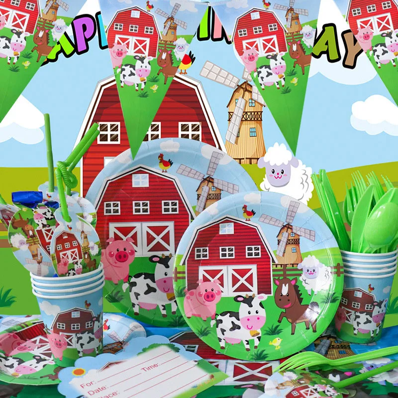 Farm Birthday Party Decoration Animals Ranch Balloon Disposable Tableware Event Supplies Chicken Cow Pig Horse Backdrop Banner