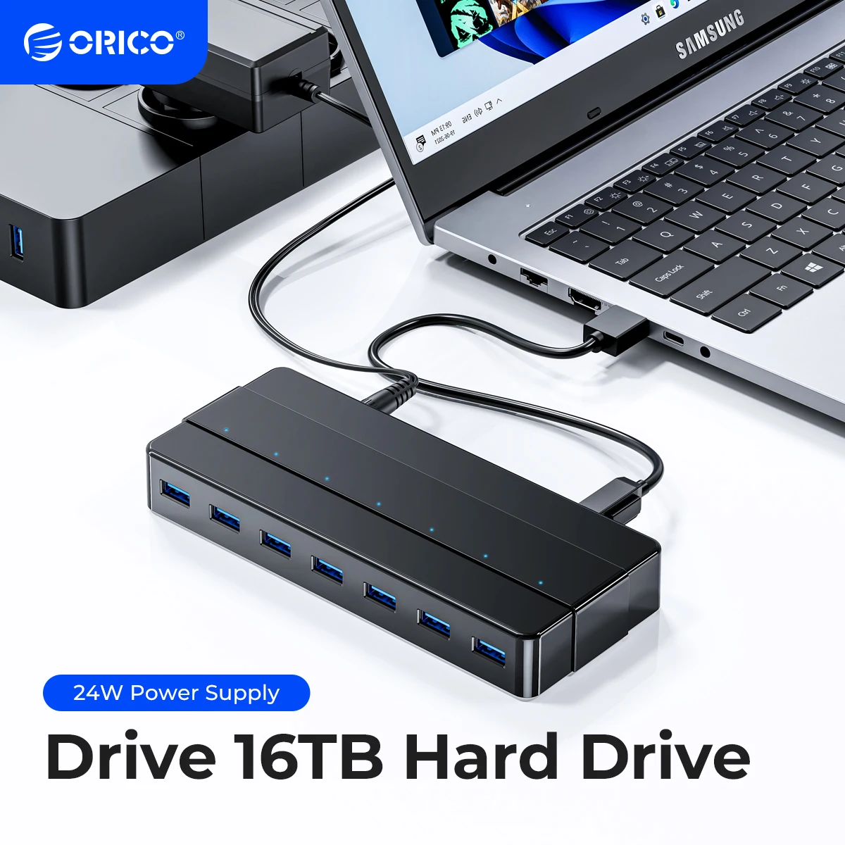 ORICO 7 Port USB 3.0 Hub with 12V Power Adapter USB Splitter OTG Adapter for Desktop Laptop PC Computer