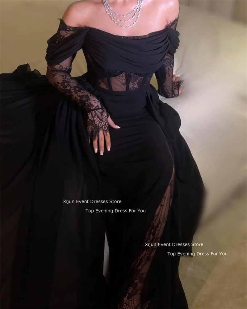 Xijun Black Sexy Long Evening Dresses Sleeves Off The Shoulder Lace Prom Dresses Saudi Arabric Long Sleeves Prom Gowns Women2024