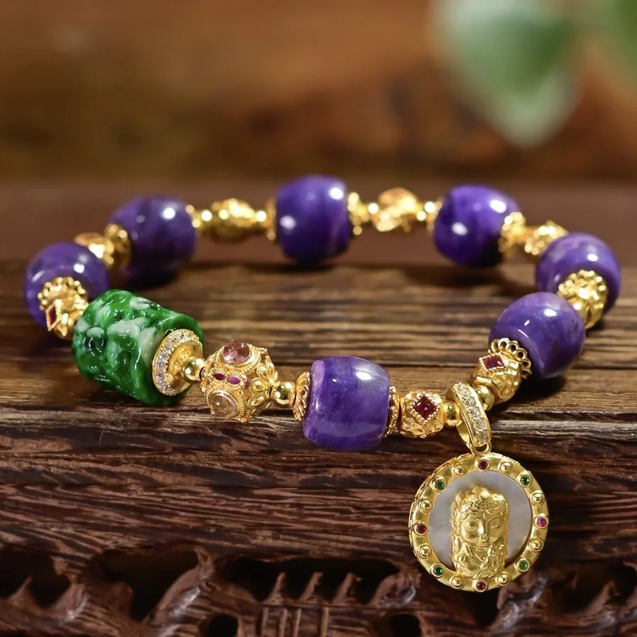 Natural Charoite Drum Bead Bracelet Carved Dry Green Jadeite Shell Pendant Gold Plated S925 Silver Women Wrist Jewelry