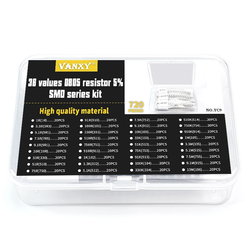 36 values kit 0805 5% chip resistor 1R~10M 1 3.3 5.1 10 33 100 330 510 1K 3.3K 5.1K 10K 33K 51K 91K 100K 330K 510K 1M 10M R ohm