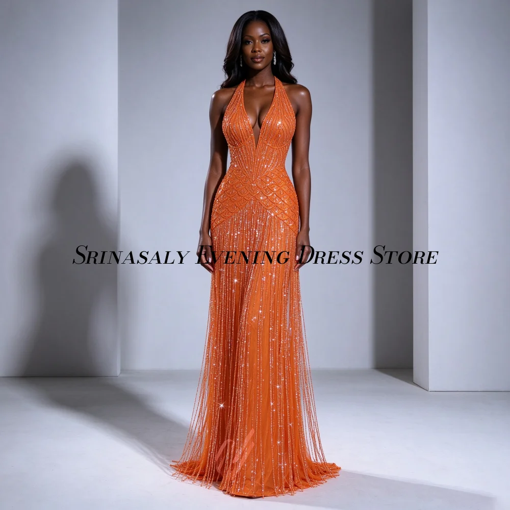 Handmade Rhinestone Sleeveless Prom Dresses Customized Halter Evening Dress Glitter Tassel Pleat Floor Length Party  Arabic Gown