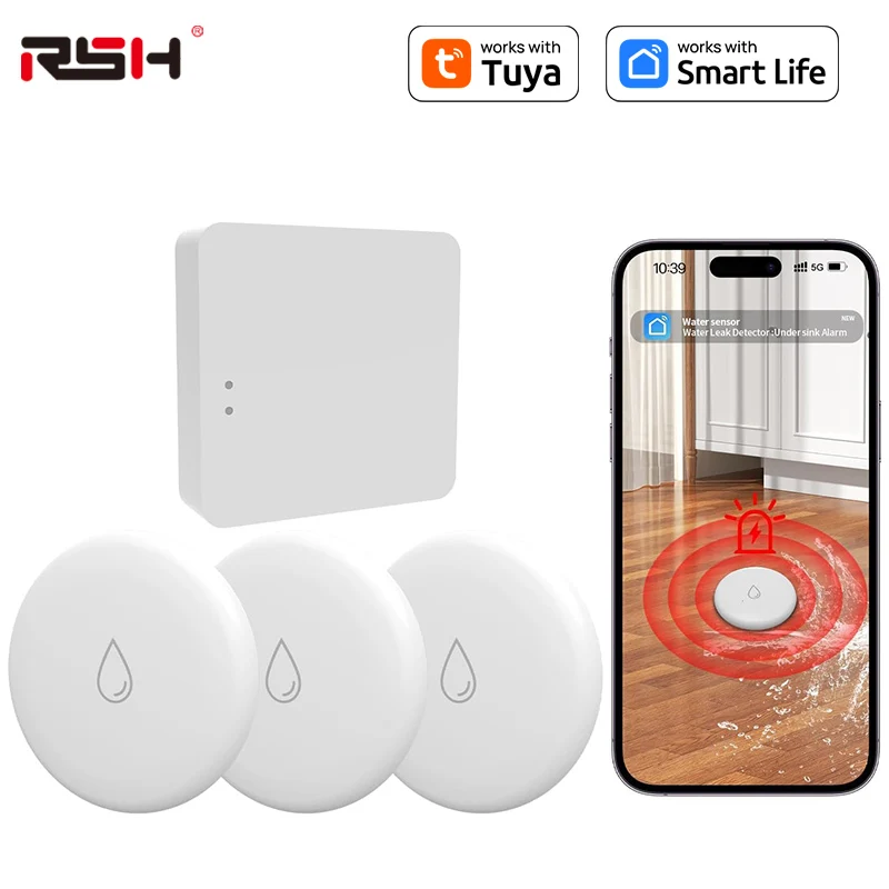 Detector de fugas de agua Tuya ZigBee con Sensor de inundación de puerta de enlace, sistema de alarma de desbordamiento de alerta completa de agua, Control por aplicación remota