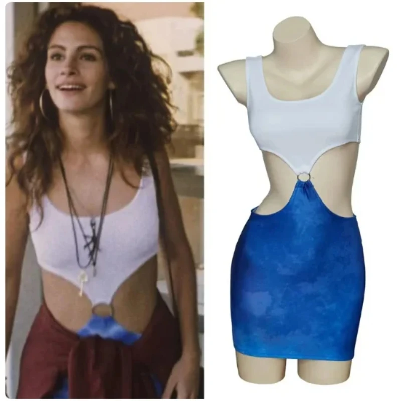 Movie Pretty Woman Julia Roberts Cosplay Romantic Comedy Film Costume Sexy Blue Bare Waist TieDye Cutout Dress Halloween 2025