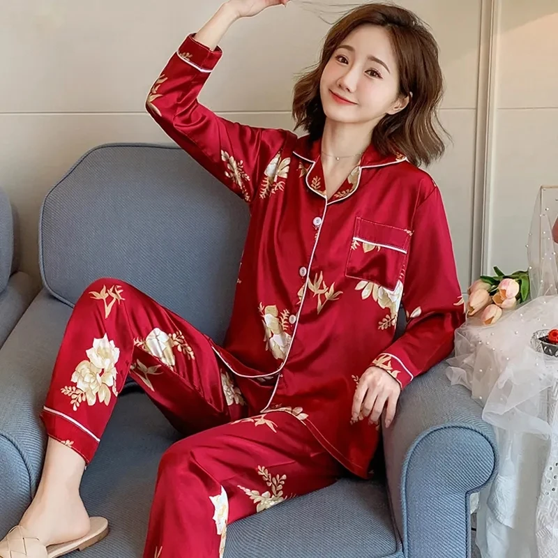 Ice Silk Satin Print Pajama Sets Womens Soft Smooth Long Sleeve Sleepwear 2 Piece Conjunto Spring Loose Pants Loungewear Suits