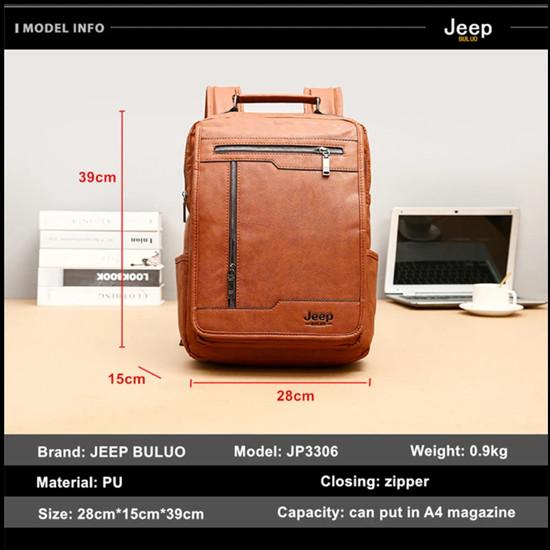 JEEP BULUO-Mochila PU de Grande Capacidade para Homens, Mochilas De Negócios, Bolsas De Ombro Design De Luxo, Bolsa De Escola De Faculdade, Viagem,