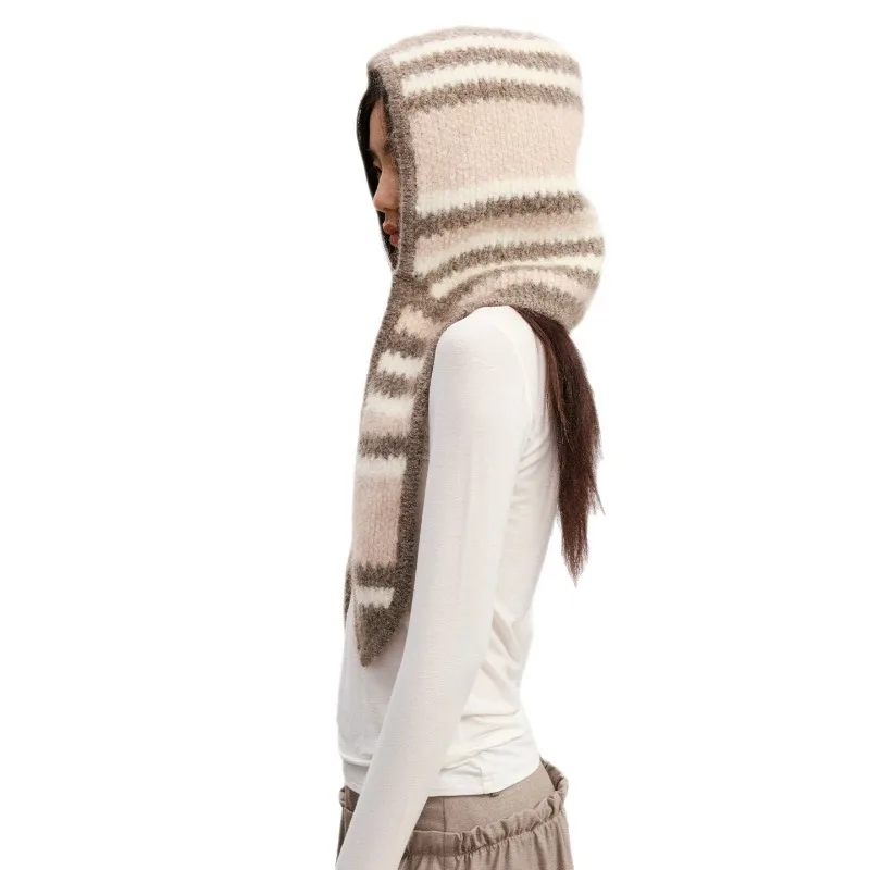Winter-Wärmeschal mit Ohrenschutz, Nackenwärmer, einteilige Balaclava-Mütze, farblich abgesetzte gestreifte Pullover-Strickmütze für Damen. – Detail 6