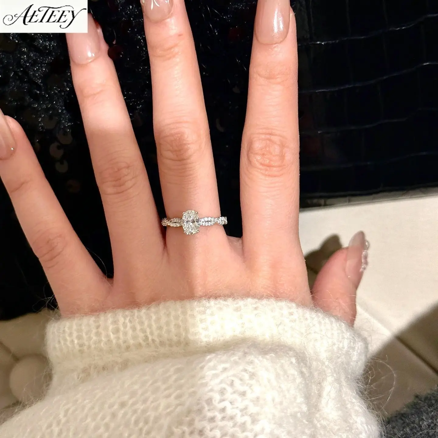 AETEEY S925 Silver Oval Moissanite Twisted Stack Ring Ballet Twist Egg Shape Elegant Women Finger Jewelry