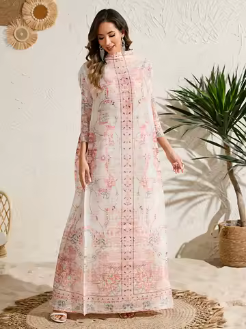 KAF Women Elegant Evening Dress 2025 Autumn New Round Neck Long Sleeve Retro Printed Design Loose Large Elastic Casual Dress