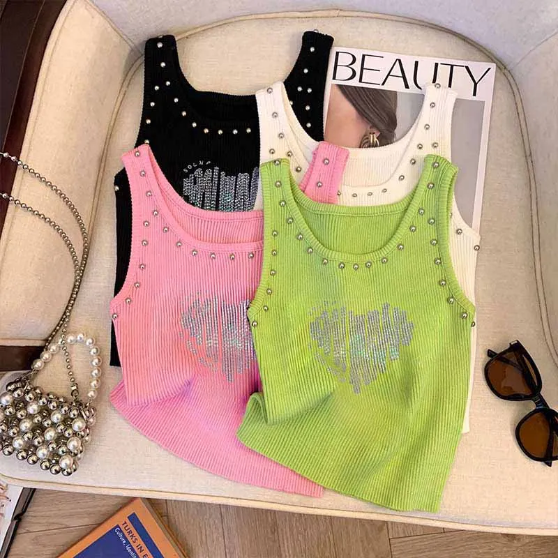 Summer New Chic Rivet Love Printing Tanks Women Vintage Elastic Slim O-neck Y2K Versatile Sleeveless Tops
