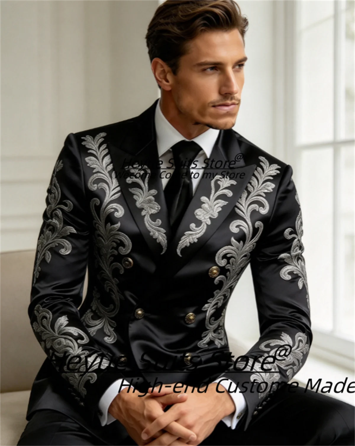 Gorgeous Black Satin Men Suits Slim Fit Peak Lapel Silver Floral Embroidered Double Breasted Customized 2Pieces Sets Ropa Hombre