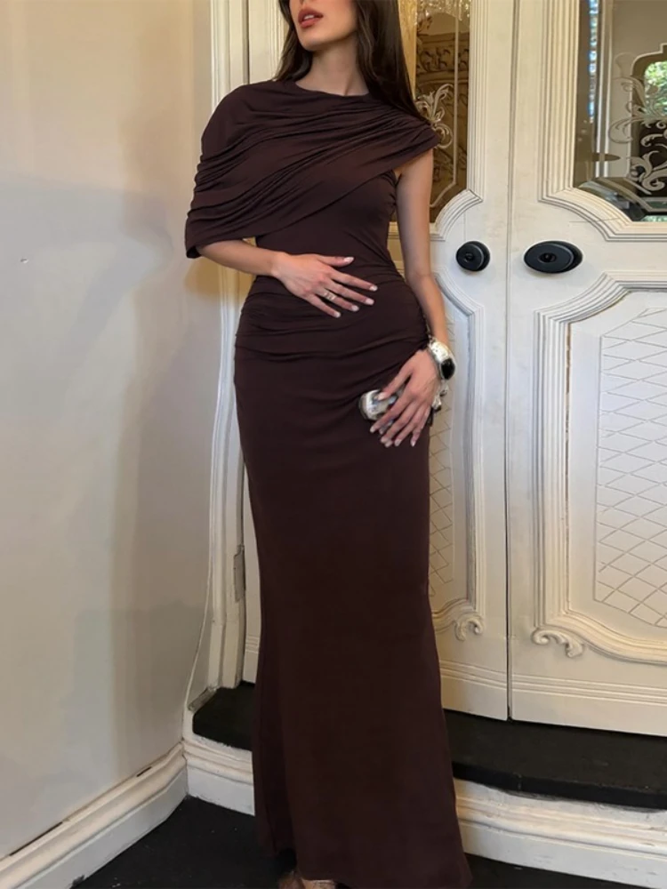 FDYOUI Elegant Chicแขนกุดพับสีน้ําตาลยาวMaxiชุดสตรีสูงเอวBodycon Ruchedไม่สมมาตรชุดราตรี