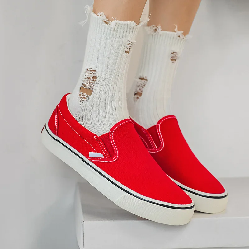 New Women Fresh Color Canvas Shoes Unisex Flat Sneakers School Students Black Shoe Loafers Summer Casual Footwear Pink Slip On