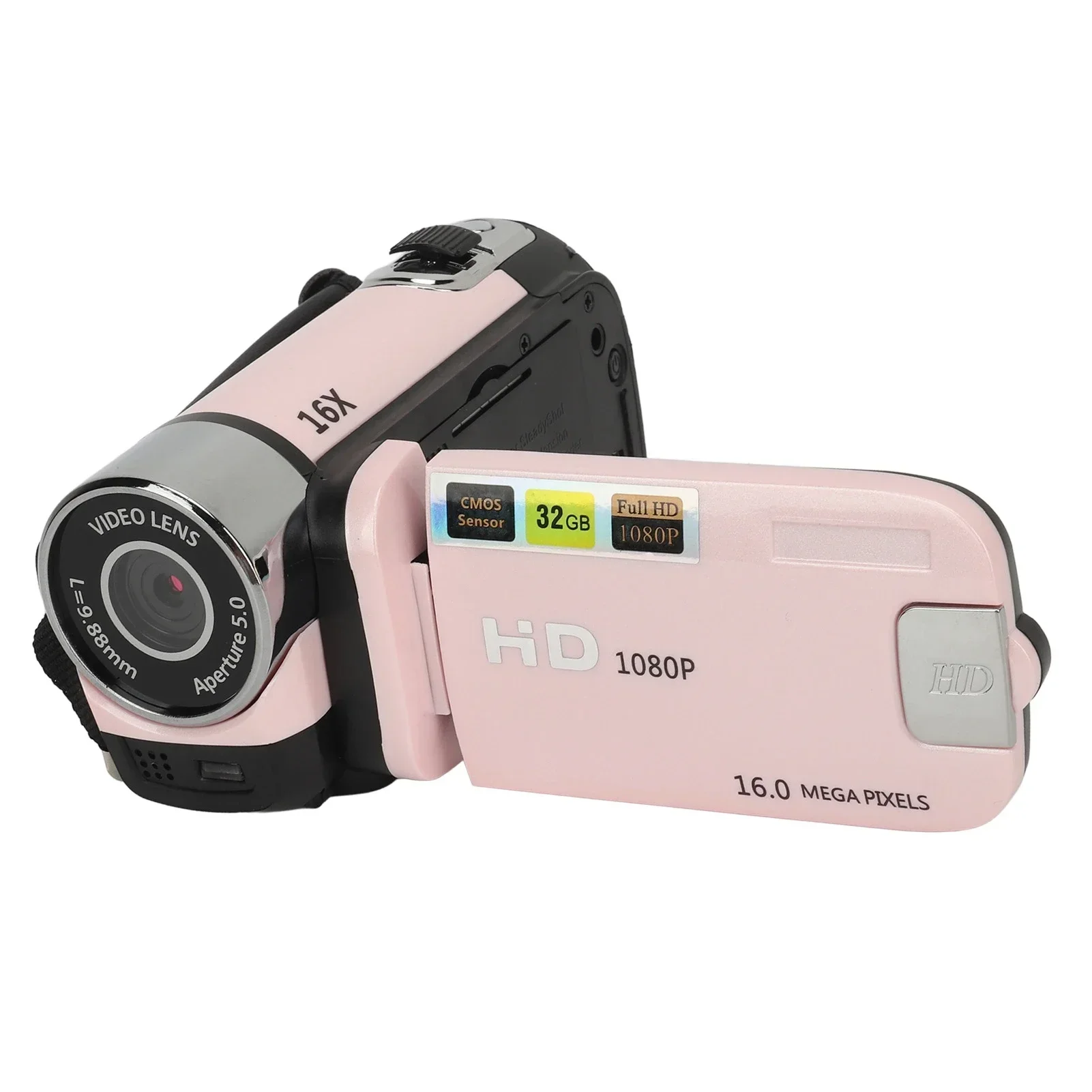2.4 인치 회전식 스크린 캠코더, D90 1080P 16MP 디지털 카메라, 16X 줌 HD 비디오 녹음기, 필 라이트 핑크 포함