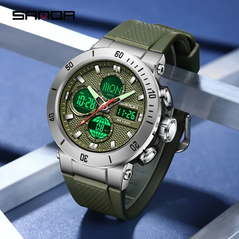 SANDA ساعة رياضية للرجال موضة فاخرة مقاومة للماء متعددة الوظائف كوارتز ساعات المعصم العسكرية الرقمية تاريخ الأسبوع ساعة مضيئة
