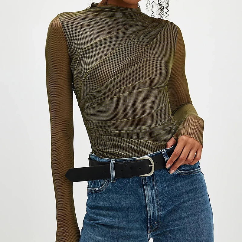 جديد الخريف عادية س الرقبة طويلة الأكمام بذلة المرأة موضة مطوي بلون ارتداءها مثير منظور شبكة سليم صالح رومبير #3