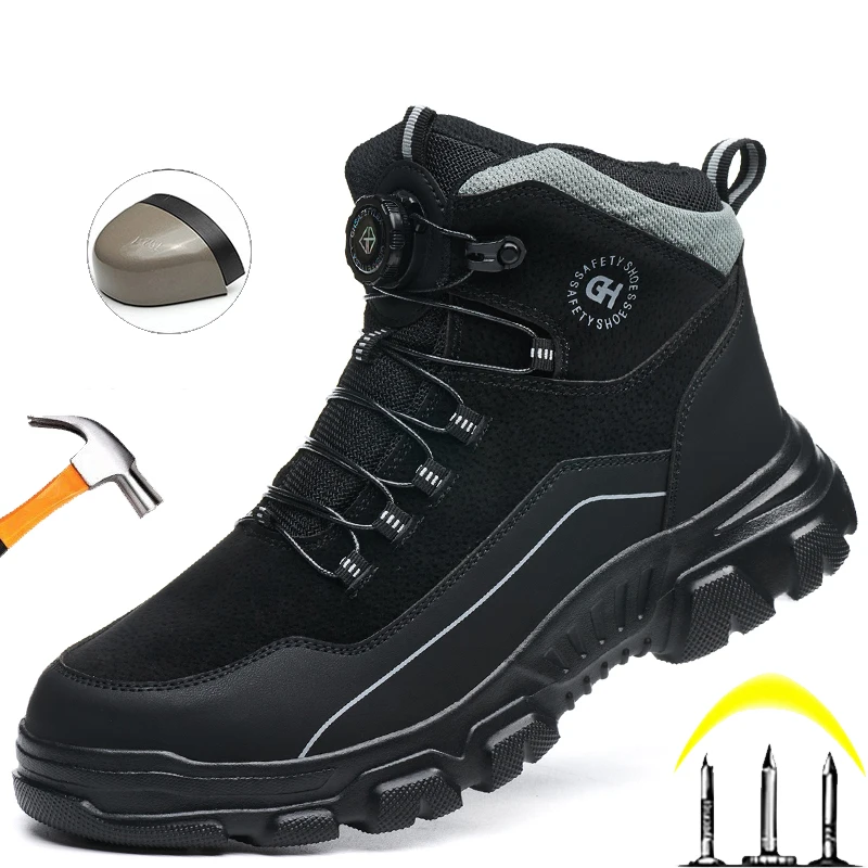 

Mens Steel Toe Work Boots Safety Shoes Rotary Button Shoes Anti-puncture High Top Construction Work Shoes Indestructible Boots