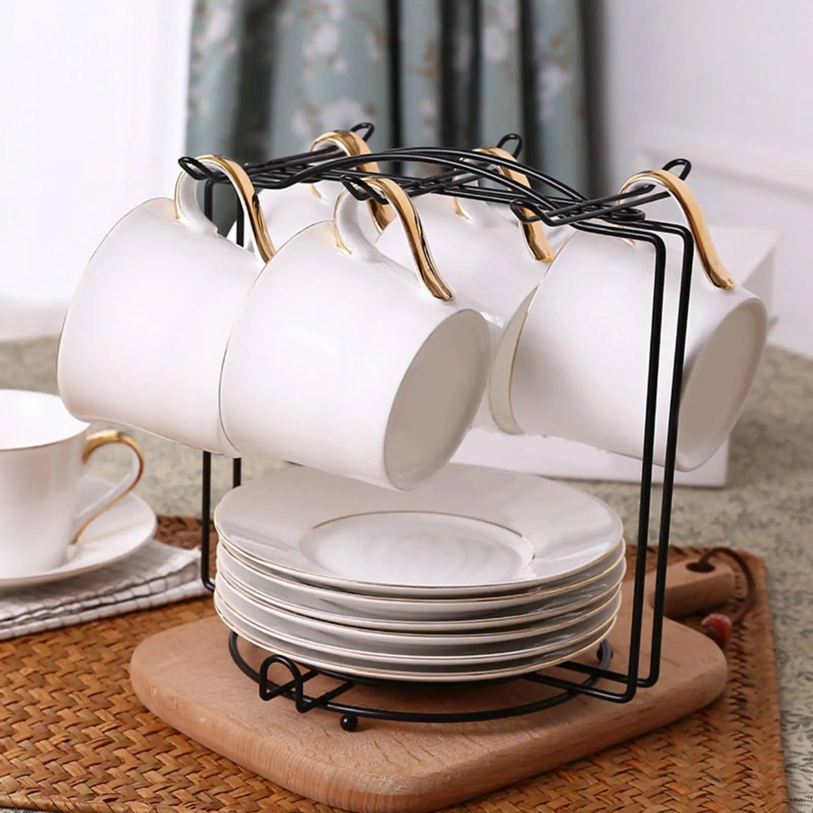 Metal Coffee Cup and Saucer Display Rack Hold 6 Coffee Cups and 6 Plates Durable Water Drainer Mug Stand for Coffee Cup Storage