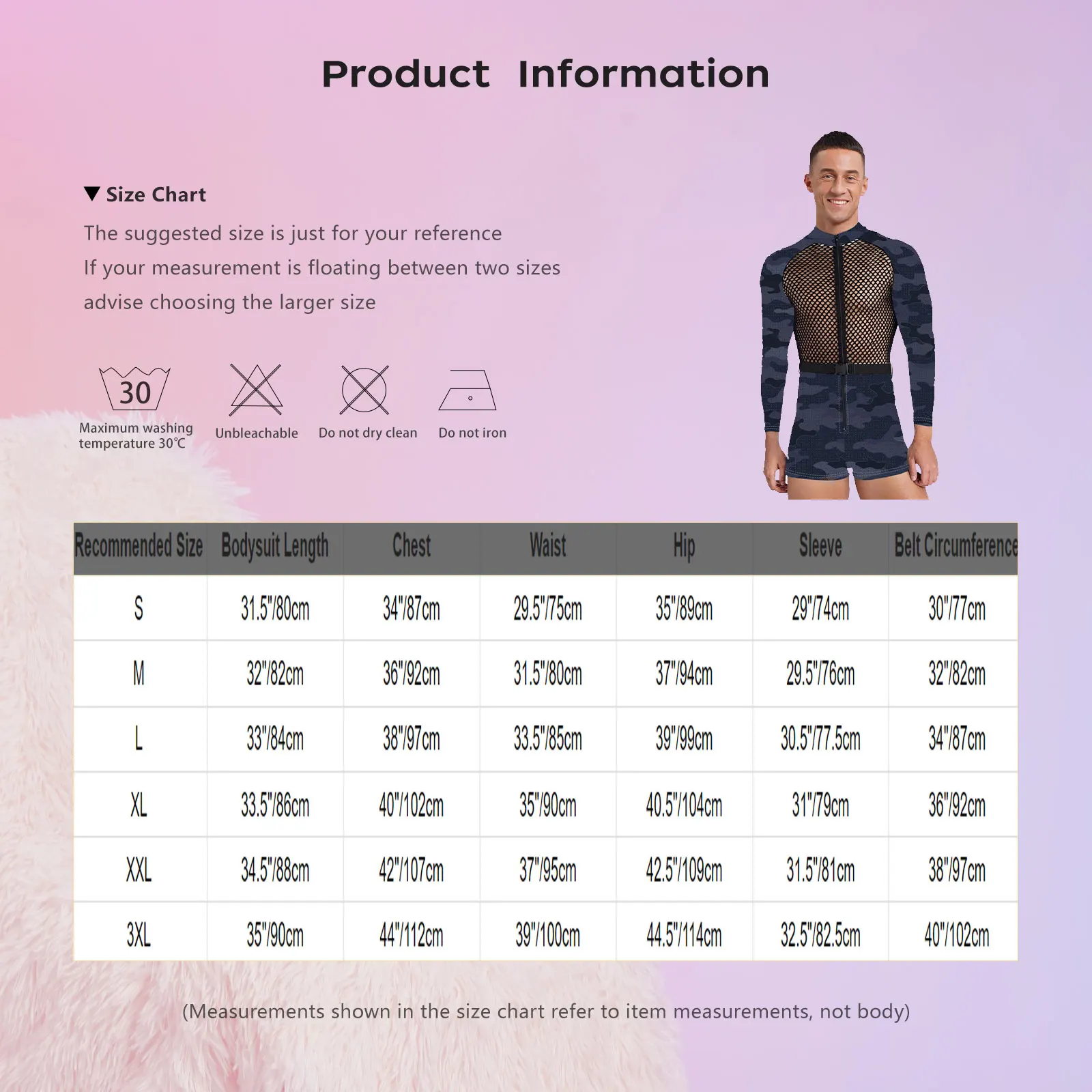 

Men Sheer Hollow Out Fishnet Patchwork Camouflage Jumpsuit Workout Clubwear Long Sleeve Zipper Bodysuit with Buckle Belt