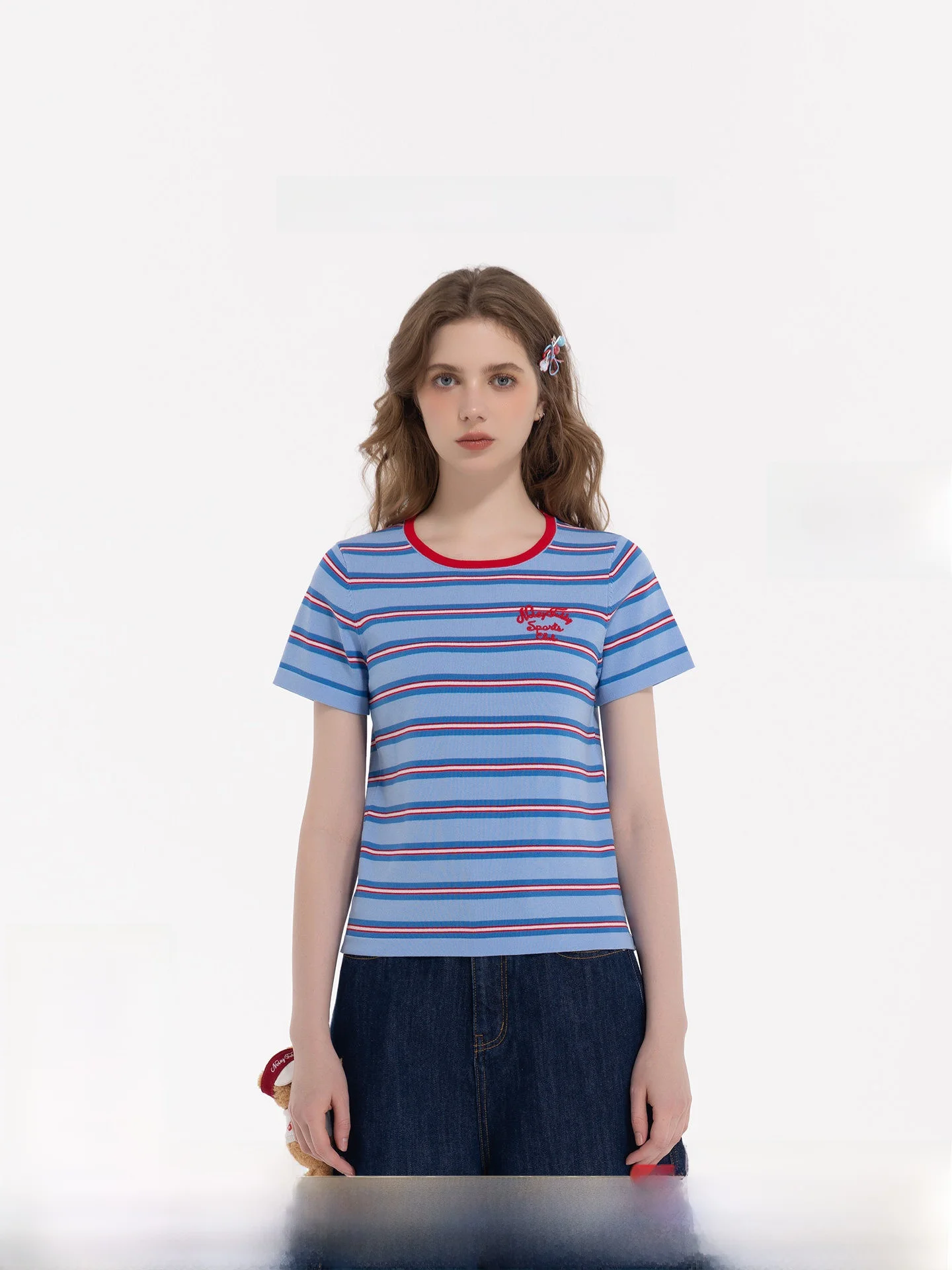 

Noisy Teddy26 Новая летняя женская вязаная футболка с круглым вырезом и коротким рукавом в стиле ретро с цветными блоками и полосками, повседневный стиль, смесь полиэстера