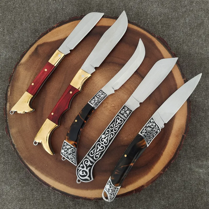 Copper Head Solid Wood Pattern Etching Steel Head Resin Handle Folding Knife New Hot Selling Outdoor Roast Lamb Chopping Knives