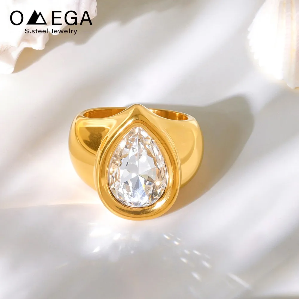 Luxuriöser klobiger Ring aus Edelstahl für Damen, 18 Karat vergoldet, wasserdicht, nicht anlaufend, facettierte, glänzende Tropfen-Zirkonringe für Damen