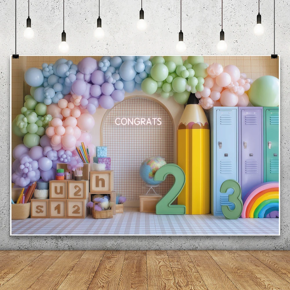 Back To School Backdrop Colorful Balloons Paintbrush Locker Baby Shower Kids Birthday Graduation Party Decor Photo Background