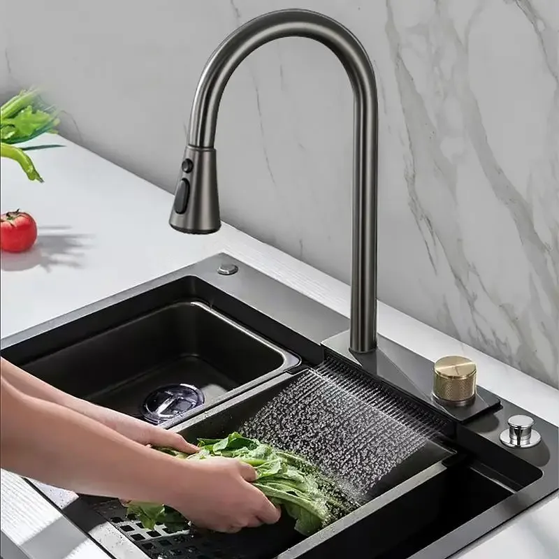 Kitchen Sink Feiyu Waterfall Integrated Stainless Steel Pull-out Faucet Sink Set Undercounter Vegetable Basin Large Single Sink