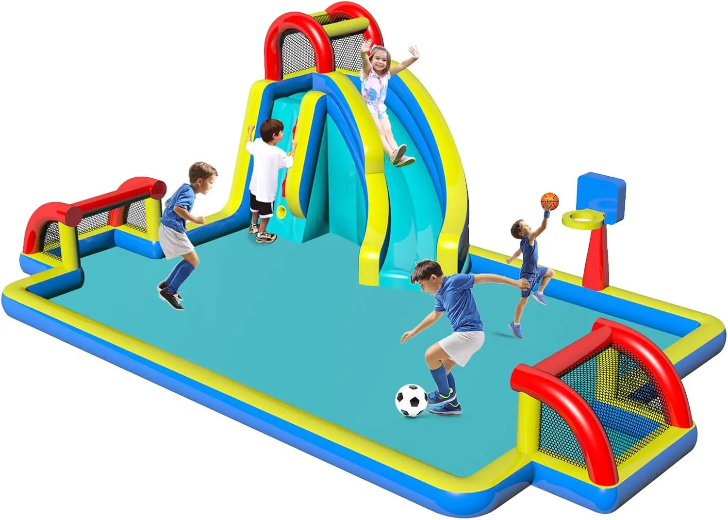 Scivolo gonfiabile con doppia porta da calcio, grande piscina antispruzzo, canestro da basket, parete da climbare, ventilatore d'aria, scivolo rimbalzante per bambini per P
