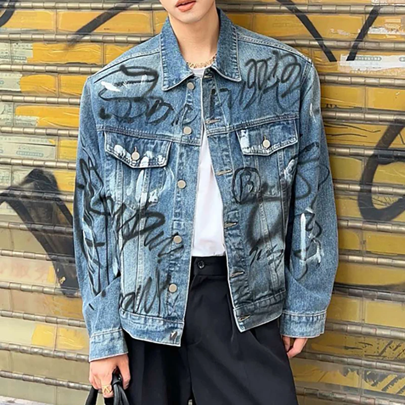 

American Style Graffiti Denim Jacket Heavy Duty Washable Streetwear Letter Print Top For Men And Women ropa hombre Winter Coat