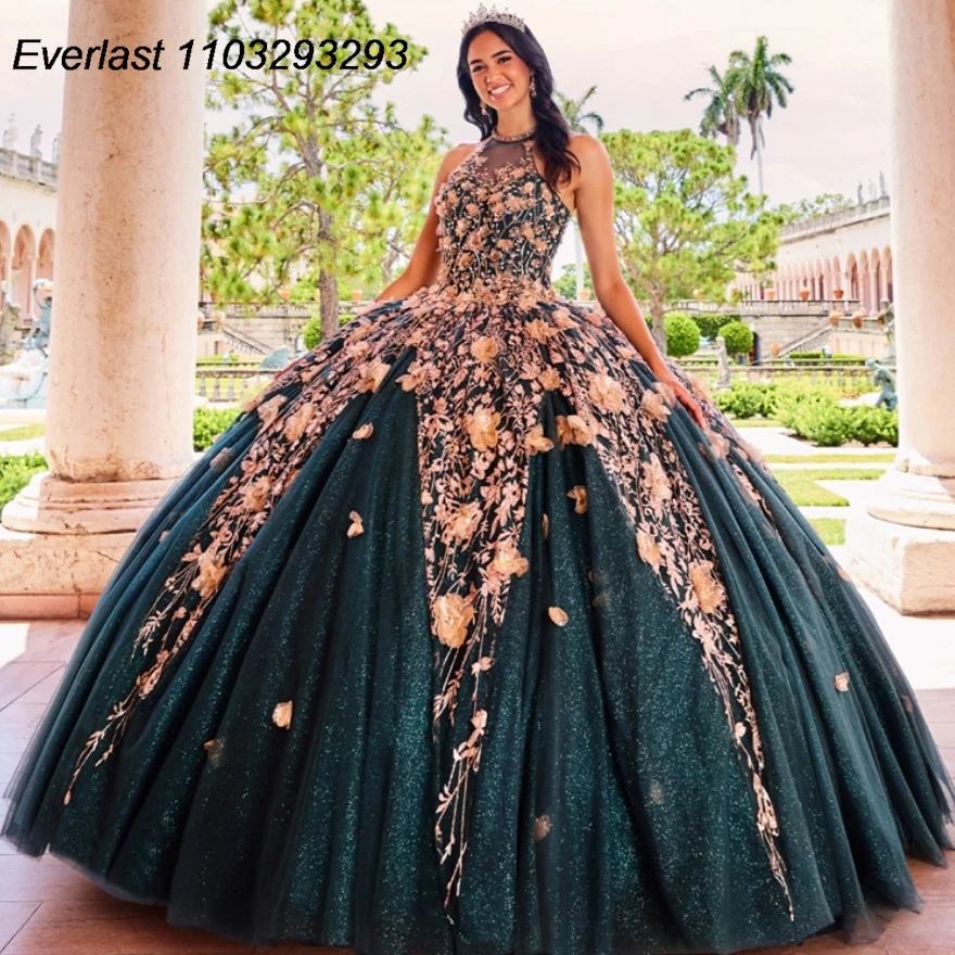 

EVLAST Glitter Emerald Green Quinceanera Dress Ball Gown 3D Flower Applique Beading With Cape Sweet 16 Vestido 15 De Años TQD247