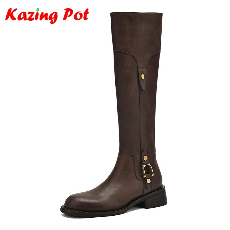 

Krazing Pot Cow Split Leather Round Toe Med Heels Riding Boots Punk Design Warm Winter Shoes Zip Metal Rivets Knee-high Boots