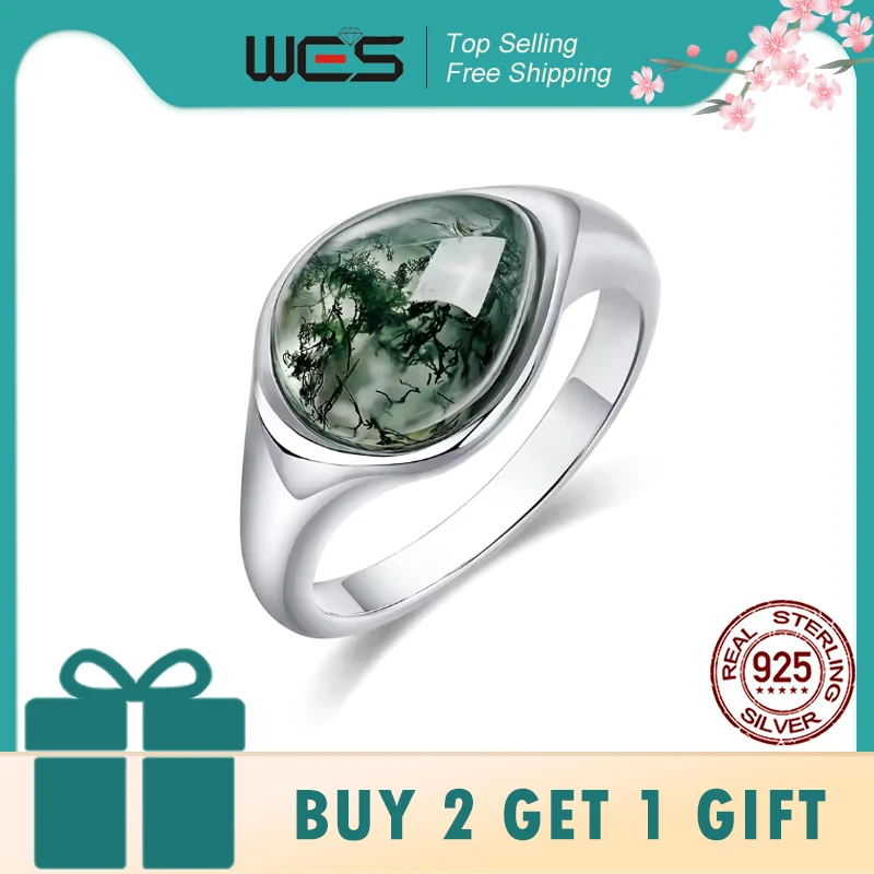 

WES Unique Natural Waterdrop 8.5*10.5mm Moss Agate Rings for Woman Rhodium Plated Elegant Wedding Jewelry Party Gifts Wholesale