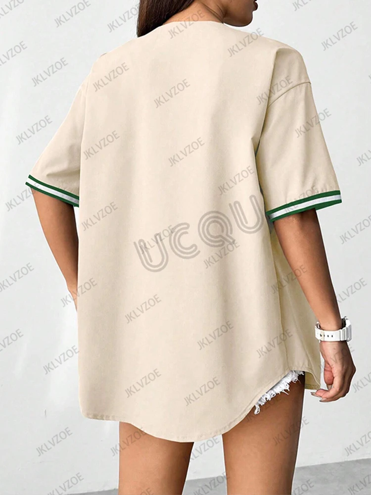 2025 Summer New Retro Patchwork Letter Printed Blouse Women Streetwear Baseball Shirt Hip Hop Short Sleeve Button Up Tops