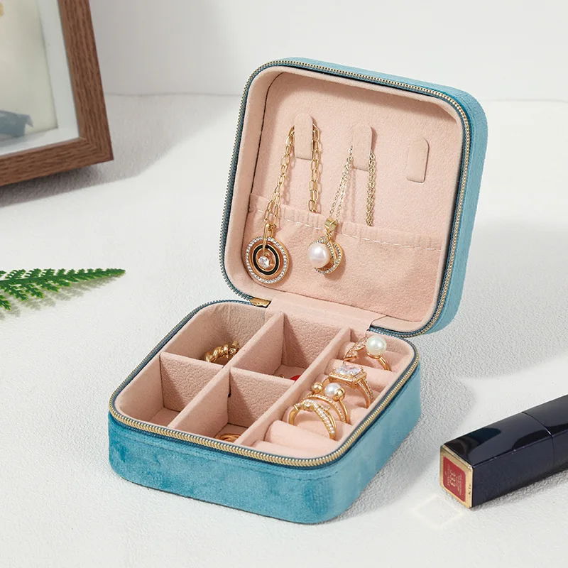 Velvet Jewelry Box For Women Necklace Ring Earrings Organizer Holder Travel Portable Zipper Square Jewelry Storage Case