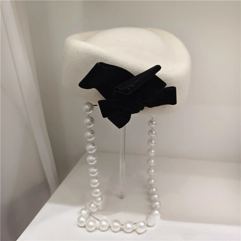 French light luxury Pearl Chain Bow Beret  High Quality Australian Wool Felt Hat Fashion Elegant Small Fragrance Hat