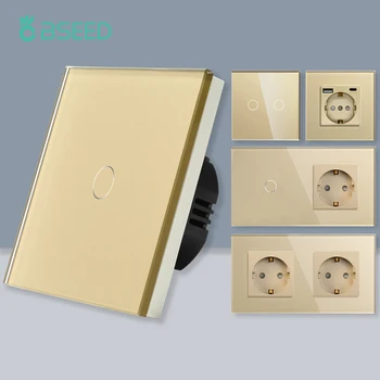 BSEED 1/2/3 عصابة اللمس التبديل 1Way Type-c USB مقابس الحائط الاتحاد الأوروبي القياسية مفتاح الإضاءة مع مآخذ الطاقة لوحة زجاجية الذهب