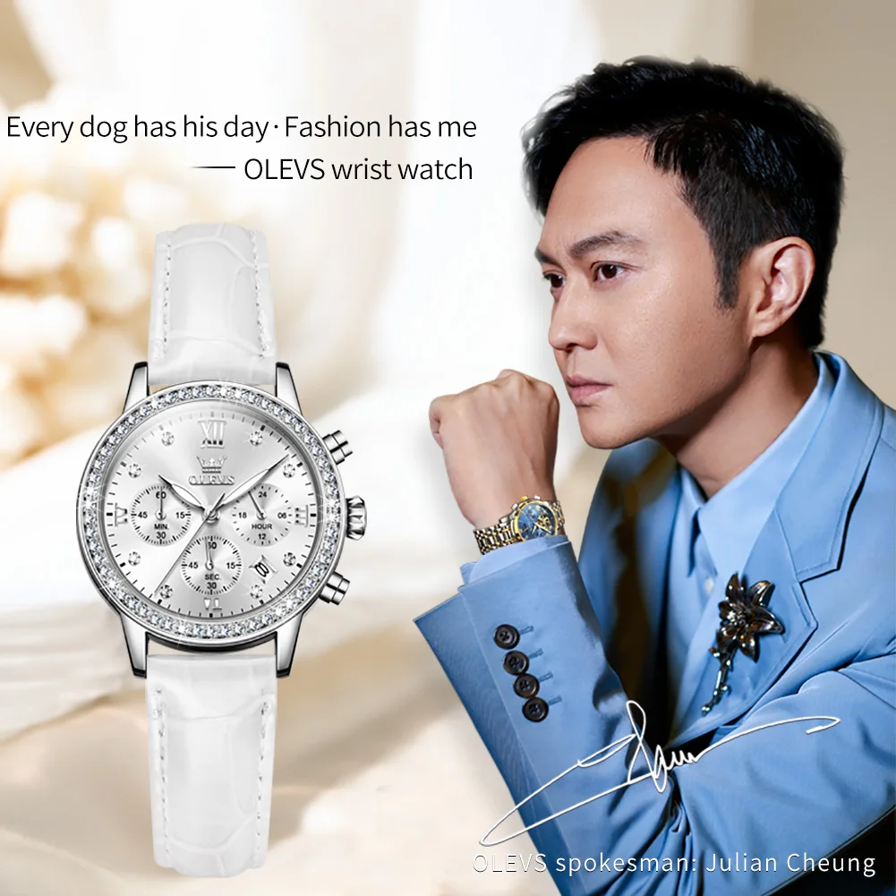 OLEVS 9933 Women' Watches Luxury Brand Diamond Quartz Wristwatch Waterproof Luminous   Leather Strap Multifunction Ladies Watch