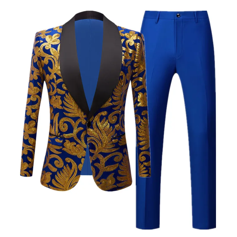 Fashion Brand Male Sequin Suit 2 Piece Red / Blue / Black Men Luxury Wedding Prom Party Blazer Jacket and Pants