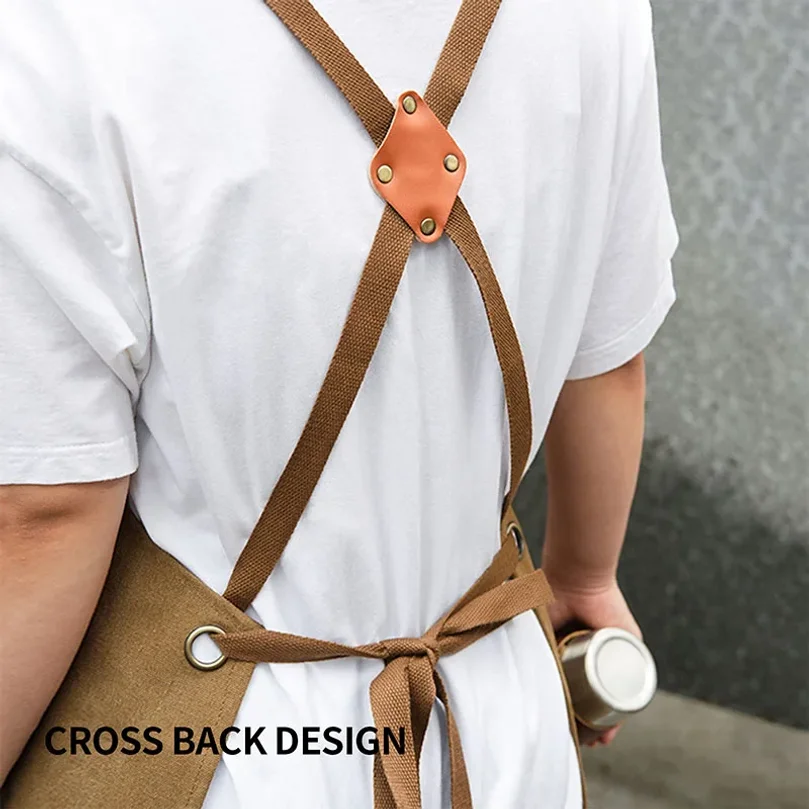 Thickened Waterproof Canvas Work Apron for Waiter Barista Hairdresser Men Women Cross-back Bib Kitchen Restaurant Cafe Apron