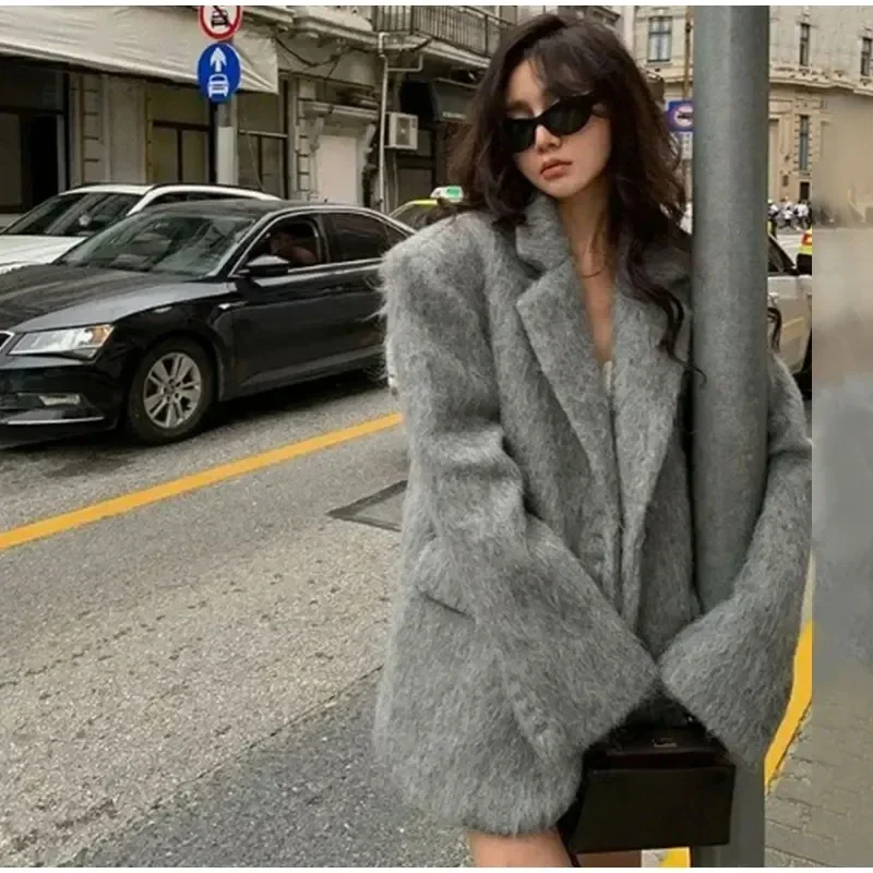 Fashion Fur Blazer Jacket For Women 2024 Y2K Chic Lapel Woolen Plush Pink Coats Elegant Long Sleeve Office Lady Pockets Overcoat