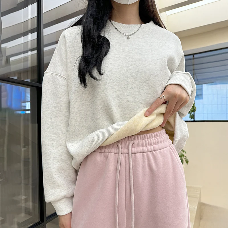 Fleece Warme Herbst Winter Pullover Sweatshirt Farbe Oansatz Pullover Einfache Vielseitige Lose Frau Kleidung Tops