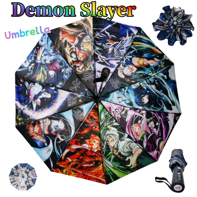 Demon Slayer Regenschirm, niedlicher modischer Cartoon-Anime-Ware, Anime-inspirierter schwarzer faltbarer Sonnenschutz-Regenschirm, Geschenk für Freunde