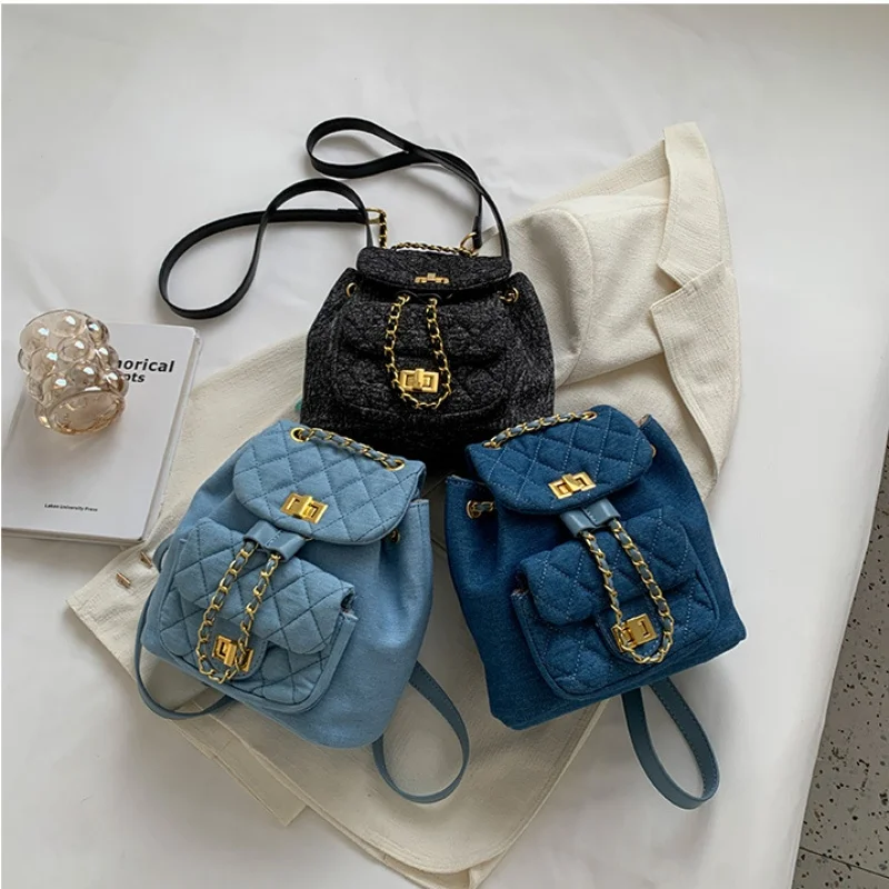 New Fashion Retro Denim Canvas Chain Backpack Women\'s Mini Diamond Solid Color Fashion Versatile Small Backpack for Girl