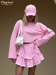 Clacive Fashion Loose Pink Cotton 2 Piece Set Women Outfit 2025 Elegant Long Sleeve Shirt With High Waist Pleated Mini Skirt Set