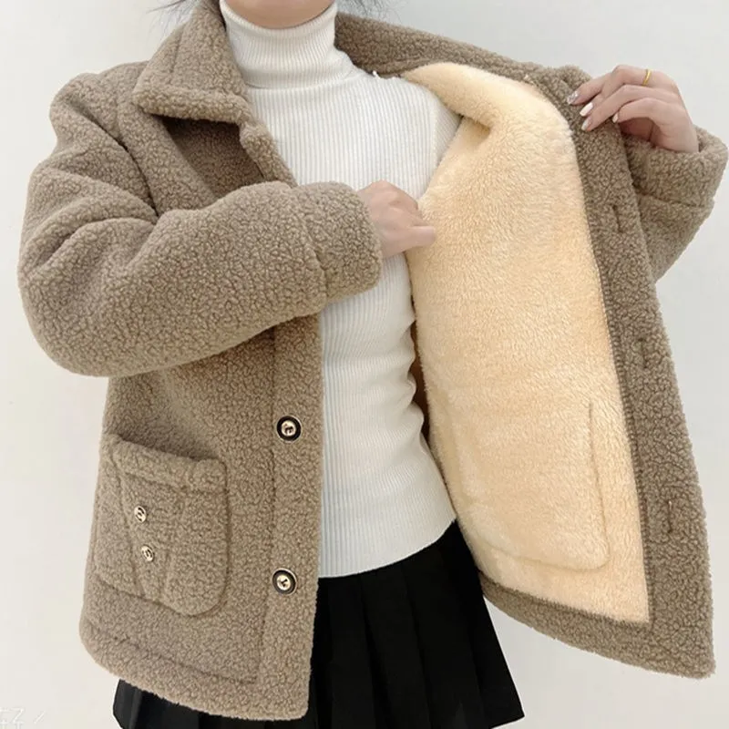 2023 New Thick Fleece Winter Single Breasted Lamb Fur Women\'s Coat Mom Wear Lapel Pocket Imitation Fur Warm Casual Jacket Female