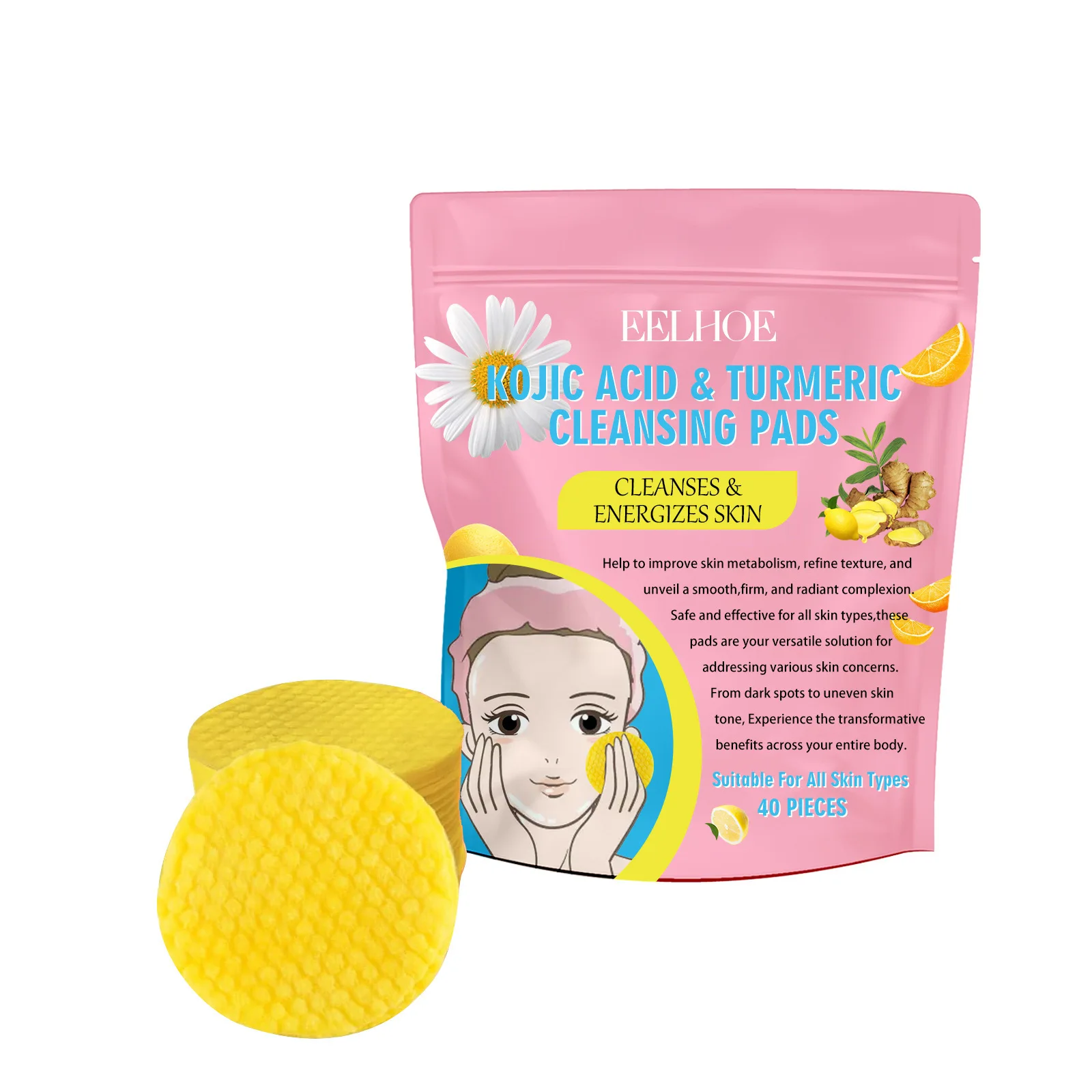 EELHOE Turmeric Cleansing Pads Oil Control Kojic Acid Face Exfoliating Dead Skin Removal Shrink Pores Deep Cleansing Facial Pads